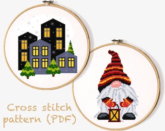 Christmas gnome and house Modern Cross Stitch Pattern, easy cross stitch chart,  nature cross stitch, Instant download PDF