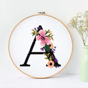 Floral Letter A Modern Cross Stitch Pattern, flower, counted cross stitch chart,  nature, hoop, Instant download PDF