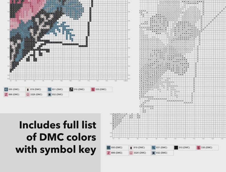 May include: A cross stitch pattern chart featuring a grid with symbols and color-coded sections. The design includes floral motifs in shades of pink and blue. Text on the image reads: Includes full list of DMC colors with symbol key.