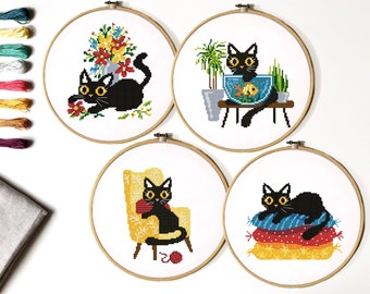 May include: Four embroidery patterns featuring black cats in different scenes. One pattern shows a cat with a bouquet of flowers, another shows a cat sitting in a chair, another shows a cat sitting on a cushion, and the last shows a cat sitting in a bowl with a goldfish.