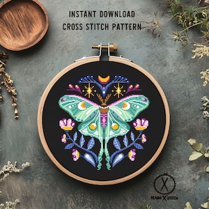 Luna Moth Cross Stitch Pattern, Floral Moon, Celestial Insect, DIY Decor