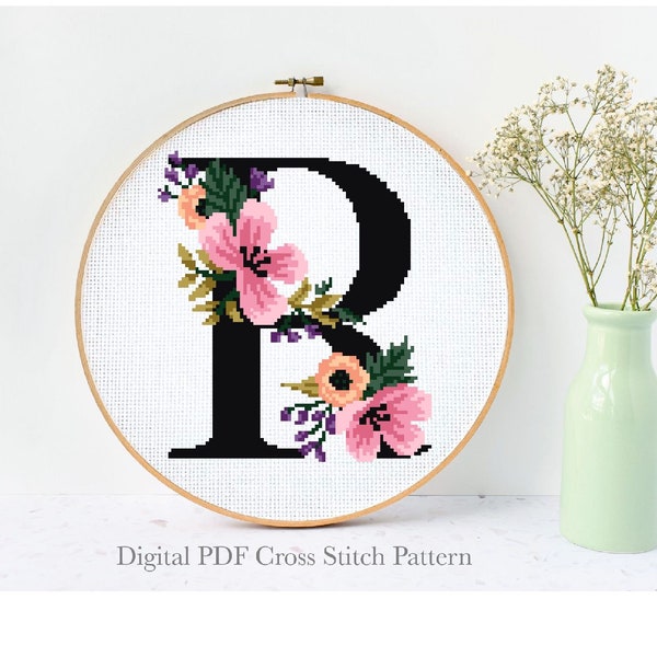Letter R Floral Modern Cross Stitch Pattern, flower counted cross stitch chart, botanical, nature, hoop, Instant download PDF
