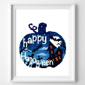 Halloween Modern Cross Stitch Pattern, castle cross stitch chart, pumpkin ,nature, round, embroidery, INSTANT DOWNLOAD PDF image 5