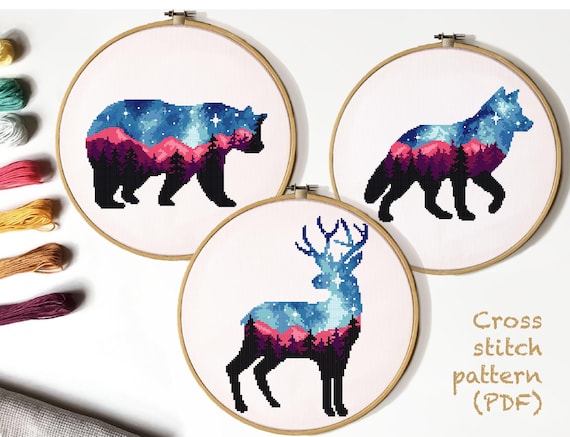 Woodland Animals Cross Stitch Modern Pattern Watercolor Animals Forest Friends Bear Deer Fox Wolf pdf pattern download
