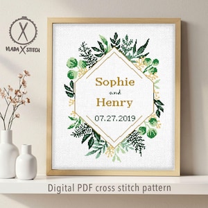 Wedding modern cross stitch pattern, personalized counted chart, love, anniversary, wedding gift DIY, digital PDF