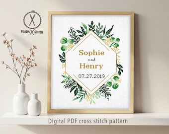 Personalized Wedding Cross Stitch Pattern, Modern Anniversary Gift (Digital PDF)