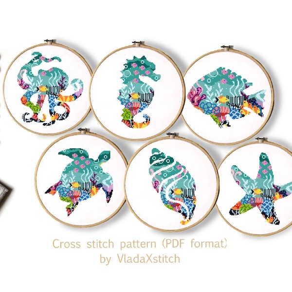 Set of 6 sea animals Cross Stitch Pattern, ocean, nature, hoop art, instant PDF