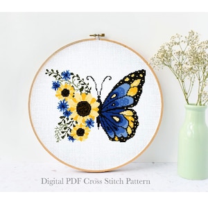 Bloemen vlinder modern kruissteekpatroon, insect, bloem geteld kruissteekkaart, botanisch, natuur, hoepel, pdf-direct te downloaden