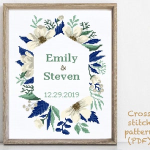 Wedding modern cross stitch pattern, personalized, customized, floral, wreath, counted, chart, anniversary, wedding gift DIY, digital PDF