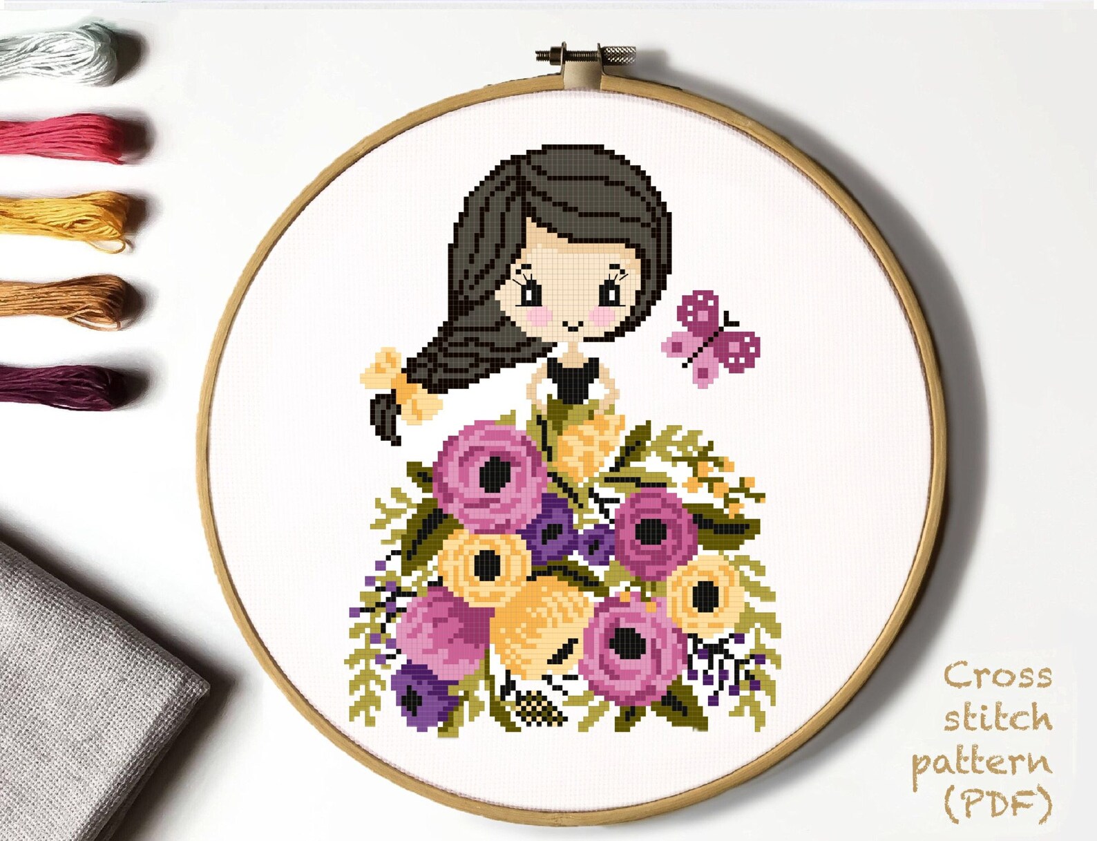 Floral Girl Modern Cross Stitch Pattern Flowers Counted Cross Etsy