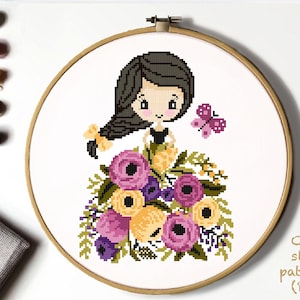 Bloemenmeisje Modern Cross Stitch Patroon, bloemen geteld kruissteekdiagram, natuur, hoepel, Instant download PDF