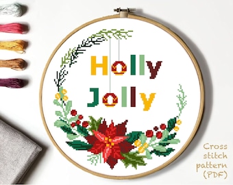 Holly Jolly Christmas Wreath Modern Cross Stitch Pattern, quote, instant download pdf