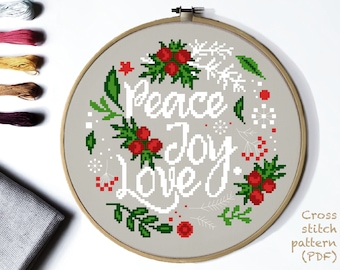 Peace Joy Love  Christmas Wreath Modern Cross Stitch Pattern, easy cross stitch , flowers , nature cross stitch, Instant download PDF