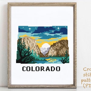 Colorado state Modern Cross Stitch Pattern, nature counted cross stitch, Rocky Mountain National Park, moon, mountain, instant PDF