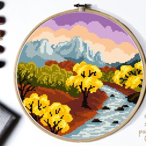 Zion Nationalpark Modernes Kreuzstichmuster, Natur Kreuzstichvorlage, Herbst Landschaft, Fluss, Wald, Berge, sofort PDF