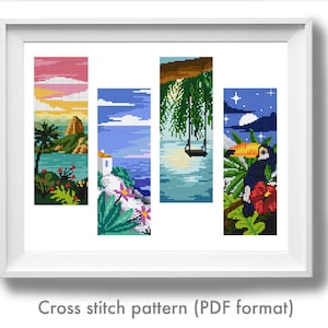 Set of 4 bookmarks Modern Cross Stitch Pattern, landscape, instant  download PDF