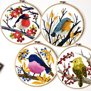 Birds Modern Cross Stitch Pattern, easy counted cross stitch chart, animal cross stitch, flowers, nature, hoop art, instant download PDF