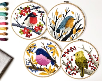 Bird Cross Stitch Pattern, Modern Floral Nature Design (Instant Download PDF)
