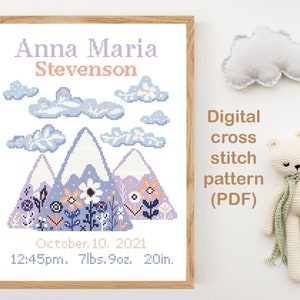 Anúncio de nascimento de bebê, padrão moderno de ponto cruz, decoração de quarto de menino e menina, gráfico de ponto cruz contado, presente de chá de bebê faça você mesmo, PDF digital
