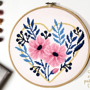 Floral Modern Cross Stitch Pattern, flower counted cross stitch chart, nature,  hoop embroidery, Instant download PDF
