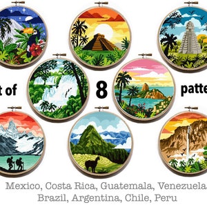 Modern kruissteekpatroon Latijns-Amerika, Venezuela, Peru, natuur kruissteek, landschap, tropisch bos, oerwoud, bergen, instant pdf
