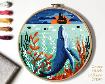 Ocean Modern Cross Stitch Pattern, whale, instant download PDF