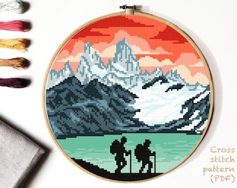 Patagonia Modern Cross Stitch Pattern, Chile, Argentina, Latin America counted cross stitch chart, landscape, mountains , instant PDF