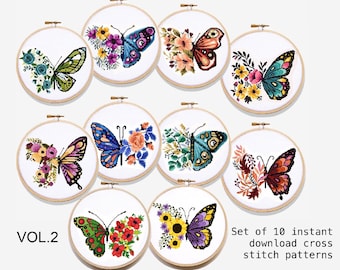 Set Butterflies Floral Modern Cross Stitch Pattern, flower, wreath counted cross stitch chart, botanical, nature, hoop, Instant download PDF