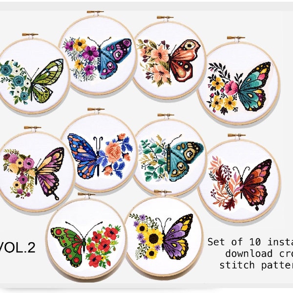 Set Butterflies Floral Modern Cross Stitch Pattern, flower, wreath counted cross stitch chart, botanical, nature, hoop, Instant download PDF