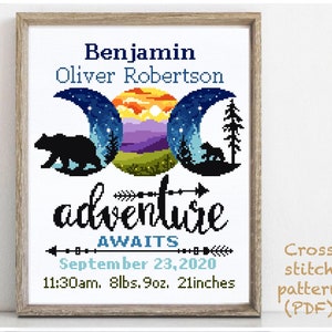 Birth announcement modern cross stitch pattern, baby, personalized, boy girl nursery decor, counted, chart, gift DIY, digital PDF