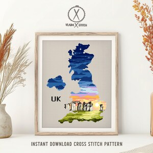 UK Map Cross Stitch Pattern, Stonehenge Landscape, Britain Silhouette (PDF Pattern) image 2