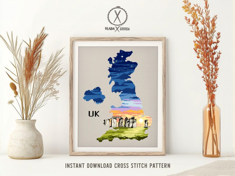 UK Map Cross Stitch Pattern, Stonehenge Landscape, Britain Silhouette (PDF Pattern) image 2