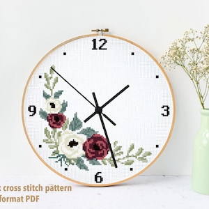 Clock Modern cross stitch pattern, cross stitch pattern flowers, nature, instant download pdf