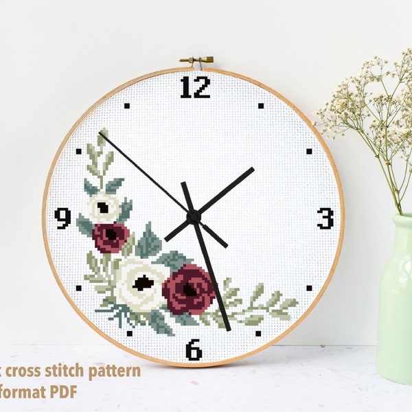 Clock Modern cross stitch pattern, cross stitch pattern flowers, nature, instant download pdf