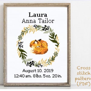 Anúncio de nascimento moderno padrão de ponto cruz, bebê, personalizado, decoração de berçário menino menina, contado, gráfico, presente DIY, PDF digital