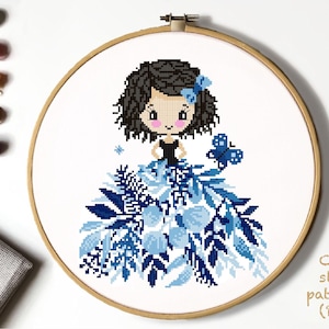 Floral girl Modern Cross Stitch Pattern, flower, wreath counted cross stitch chart, butterfly, nature, hoop, Instant download PDF