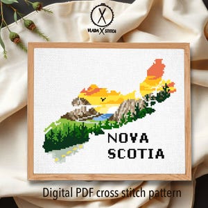 Nova Scotia province Canada Modern Cross Stitch Pattern, Cape Breton Highlands National Park, Cabot Trail, nature, sea, forest, instant PDF