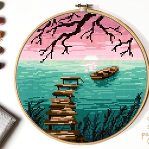Landscape Modern cross stitch pattern, cross stitch sunset, sea, instant download pdf