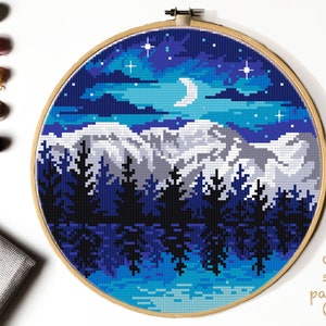 Landscape Modern Cross Stitch Pattern, nature easy counted cross stitch chart, Lake, moon, mountain, forest, hoop art, instant download PDF