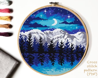 Landscape Modern Cross Stitch Pattern, nature easy counted cross stitch chart, Lake, moon, mountain, forest, hoop art, instant download PDF