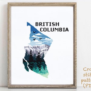 British Columbia province Canada Modern Cross Stitch Pattern, nature, landscape, forest,  mountains, ocean, embroidery, instant PDF