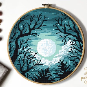 Night sky Modern Cross Stitch Pattern, moon counted cross stitch chart, starry sky, landscape,  forest, hoop art, instant download PDF