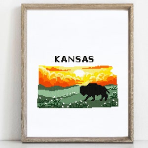 Kansas state Modern Cross Stitch Pattern, nature counted cross stitch chart, Tallgrass Prairie National Preserve, buffalo, instant PDF