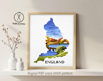 England Landscape Cross Stitch Pattern, Country Silhouette (PDF Pattern)