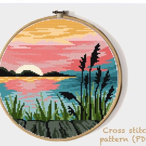 Landscape Modern Cross Stitch Pattern, nature easy counted cross stitch chart, sunset, river, hoop art, instant download PDF