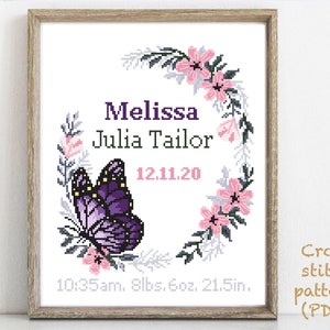 Birth announcement modern cross stitch pattern, baby, personalized, boy girl nursery decor, counted, chart, gift DIY, digital PDF