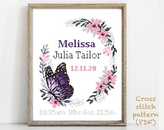 Birth announcement modern cross stitch pattern, baby, personalized, boy girl nursery decor, counted, chart, gift DIY, digital PDF