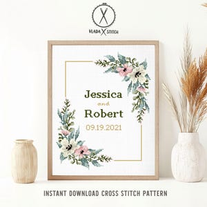 Patrón de punto de cruz para bodas, corona floral personalizada, aniversario, regalo de boda DIY, PDF digital imagen 6