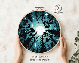 Starry Night Forest Landscape Cross Stitch Pattern (PDF Download)
