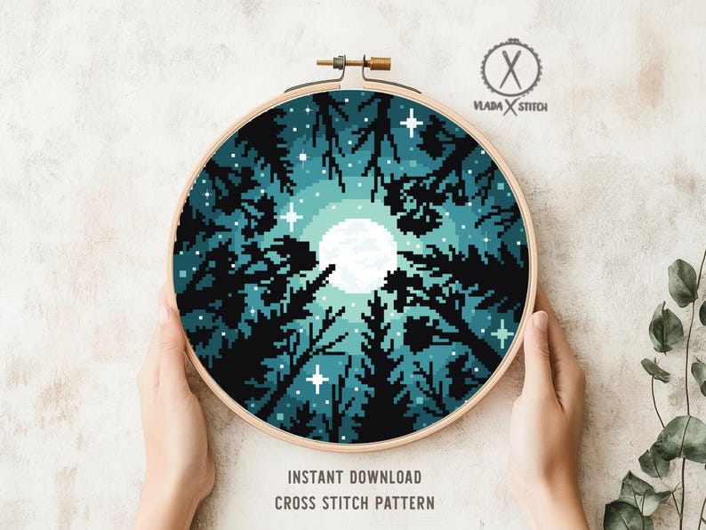 Starry Night Forest Landscape Cross Stitch Pattern (PDF Download)